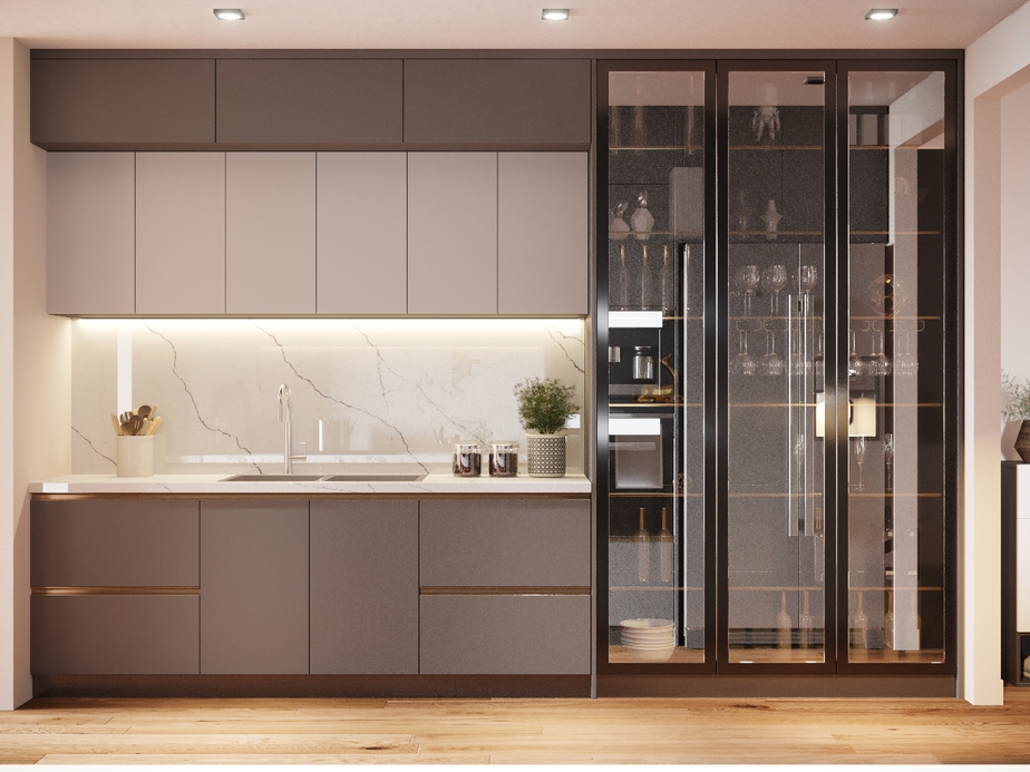 Để tăng thêm vẻ đẹp hoàn mỹ cho không gian bếp, bạn có thể lựa chọn thiết kế bếp có chứa đèn vàng cùng chất liệu lát tường bằng đá tráng gương để mang lại vẻ đẹp lung linh và ấn tượng nhất.