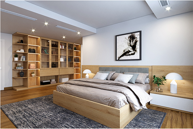 Giường MDF phủ Melamine 2m2 vân gỗ đồng điệu với kệ trang trí, tường, sàn mang lại sự dễ chịu, ấm cúng và gần gũi hơn với thiên nhiên.