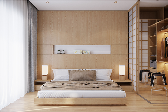Dấu ấn của vẻ đẹp Nhật Bản in đậm trong mẫu phòng ngủ hiện đại qua cách sử dụng  giường bệt, vách ngăn thanh đan, tường ốp gỗ nâu vân gỗ sáng 