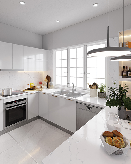 Không gian bếp diện tích nhỏ trông không hề bí bách mà thoáng rộng hơn nhờ tông màu trắng của nội thất bếp và cửa sổ đón ánh sáng tự nhiên