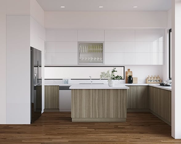 Tủ bếp trên bo góc vừa khít, phủ Acrylic màu trắng cao sang kết hợp ô tủ cánh kính sang trọng nâng tầm đẳng cấp cho căn bếp 8m2