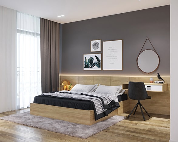 Lựa chọn một chiếc giường MDF phủ Melamine nâu gỗ sáng 2m2 kết nối với bàn cho trang điểm cho phòng ngủ tông màu xám - nâu vân gỗ sáng, tại sao không?