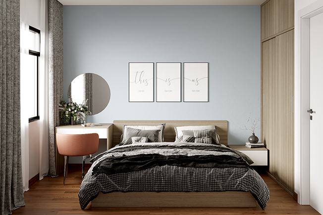 Xanh pastel của tường, nâu vân gỗ của giường 2m2 cốt MDF phủ Melamine, tủ, sàn kết hợp hài hòa, mang lại cảm giác dễ chịu cho người dùng có giấc ngủ ngon và sâu hơn.