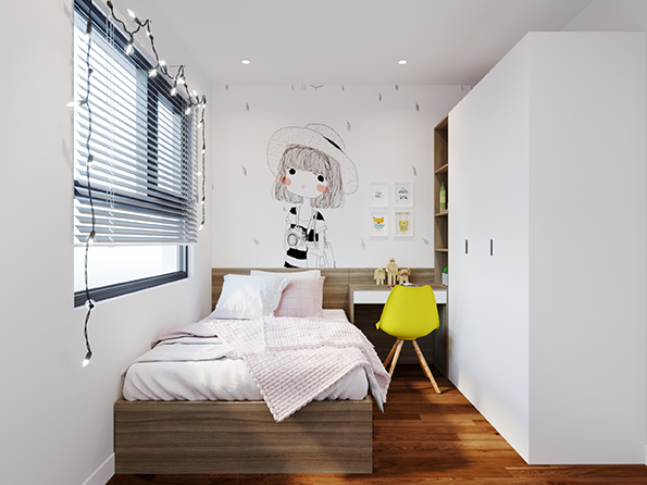 Vẽ một bức hình chibi trên tường, treo dây đèn nhấp nháy nơi cửa sổ sẽ giúp không gian nội thất phòng ngủ hiện đại trông dễ thương hơn hẳn