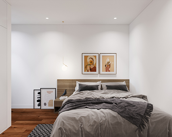 Sử dụng sàn, giường màu gỗ, tranh treo tường nghệ thuật sẽ giúp cho phòng ngủ vợ chồng có điểm nhấn hơn