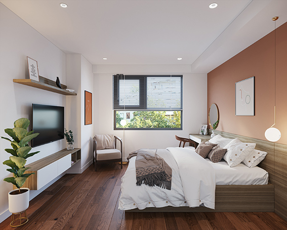 Cam đất khi phối với nâu vân gỗ của các món đồ nội thất màu tạo nên bản hòa ca tuyệt vời về màu sắc cho phòng ngủ phong cách hiện đại
