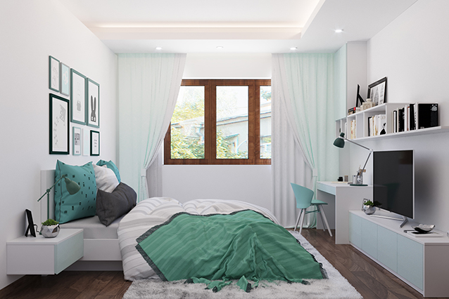 Gam màu xanh bạc  hà được sử dụng xuyên suốt trong nhiều vật dụng mang lại vẻ đẹp tươi mát, thanh nhã cho phòng ngủ