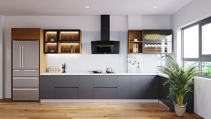 Tủ bếp với nhiều ngăn chứa mang lại sự tiện lợi cho không gian bếp.
