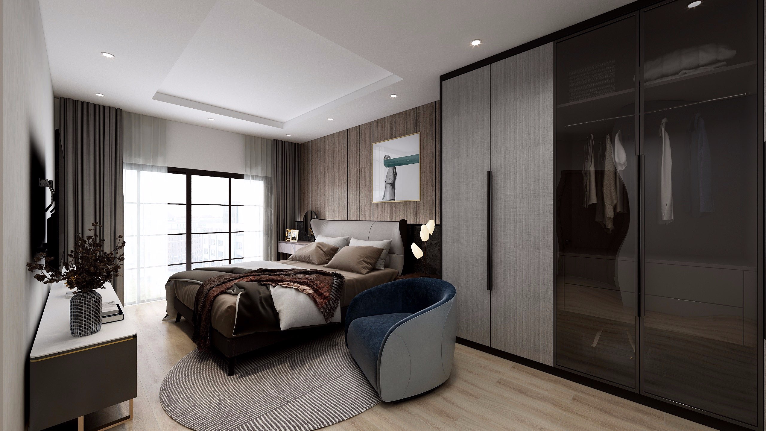 Không gian ngủ được trang bị một loạt các đồ nội thất hiện đại giúp cuộc sống sinh hoạt vợ chồng thêm tiện nghi