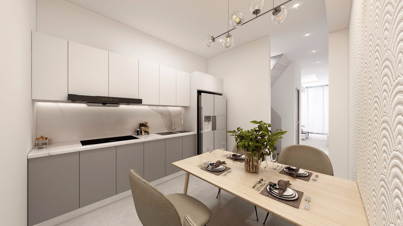 Tủ bếp nổi bật nhờ được phối 2 màu trắng - ghi thanh lịch, giúp mang lại vẻ đẹp hiện đại cho căn bếp. 