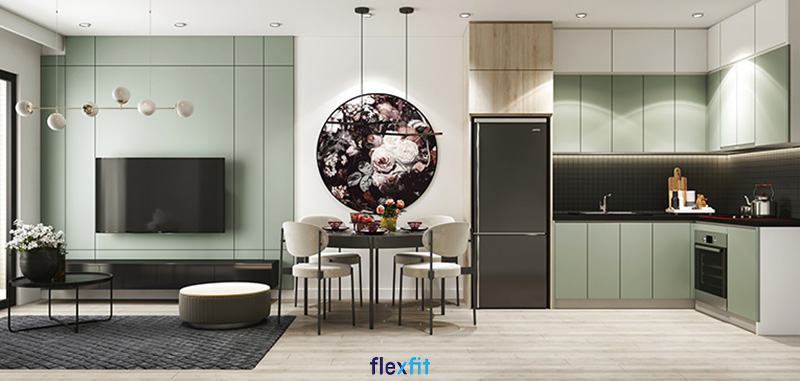 Với các thiết kế không gian mở thông bếp với phòng khách như thế này, màu sắc  đồng bộ sẽ tạo sự đồng nhất trong phong cách
