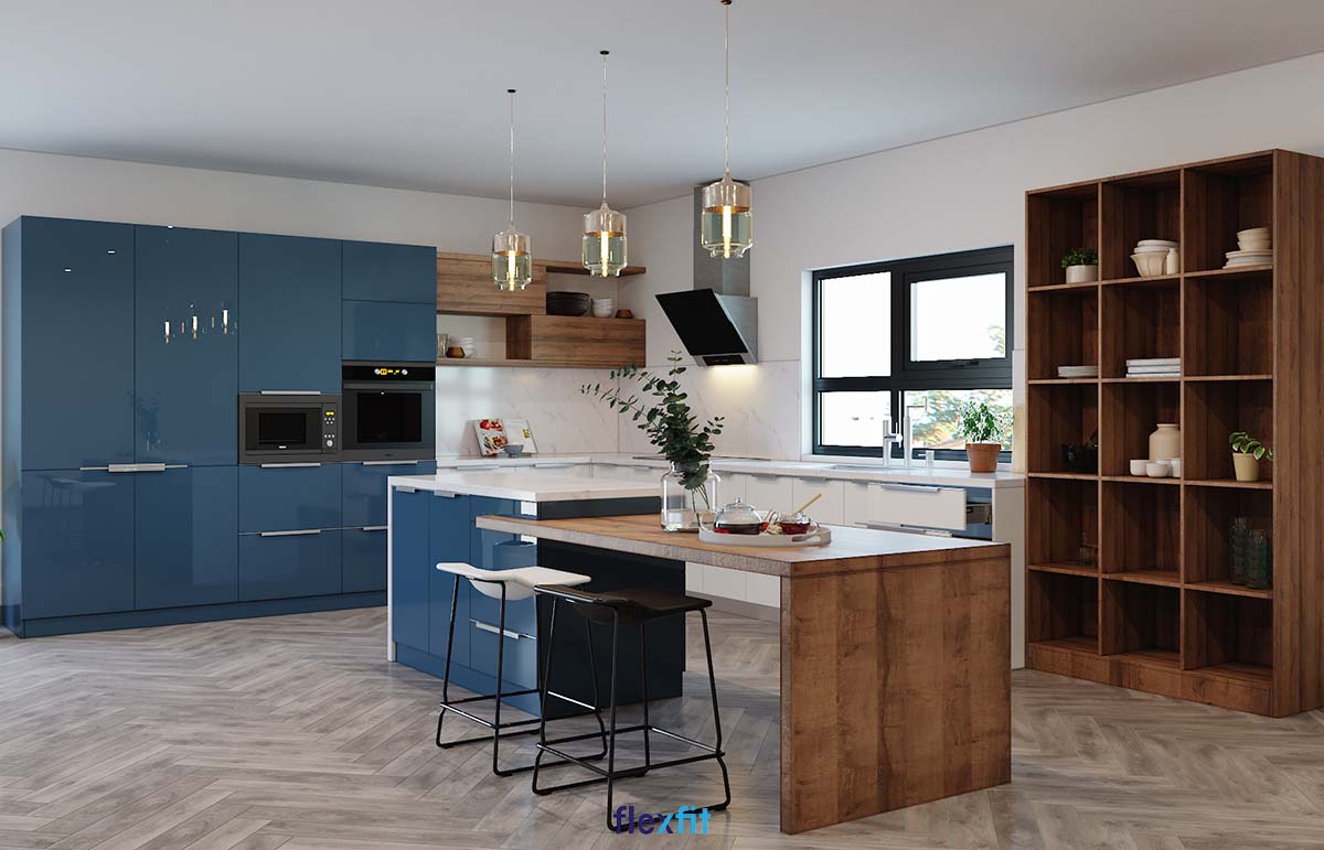 Tủ bếp phủ Melamine chữ L màu xanh dương và nâu gỗ