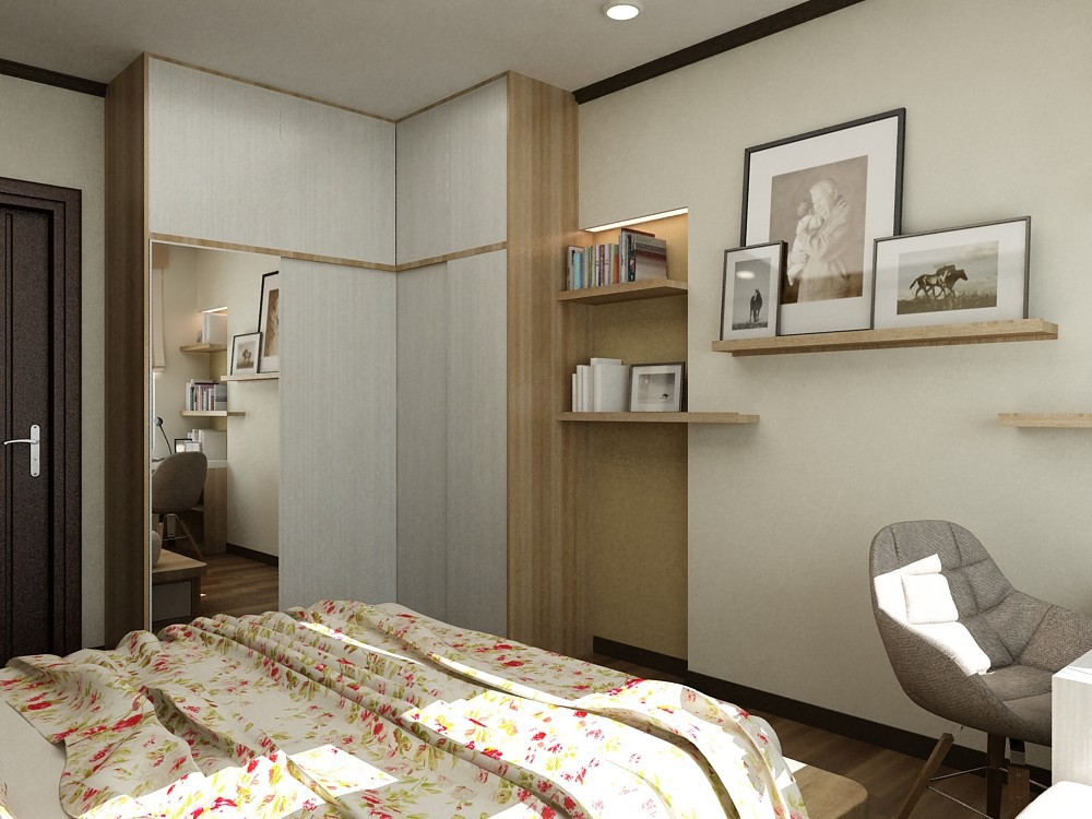 Tủ quần áo chữ L được đặt ở góc phòng, với màu gỗ sáng mang lại sự trẻ trung, thanh lịch. Bên cạnh đó thiết kế lắp gương ở cánh tủ mang lại hiệu quả cao trong việc nhân đôi không gian.