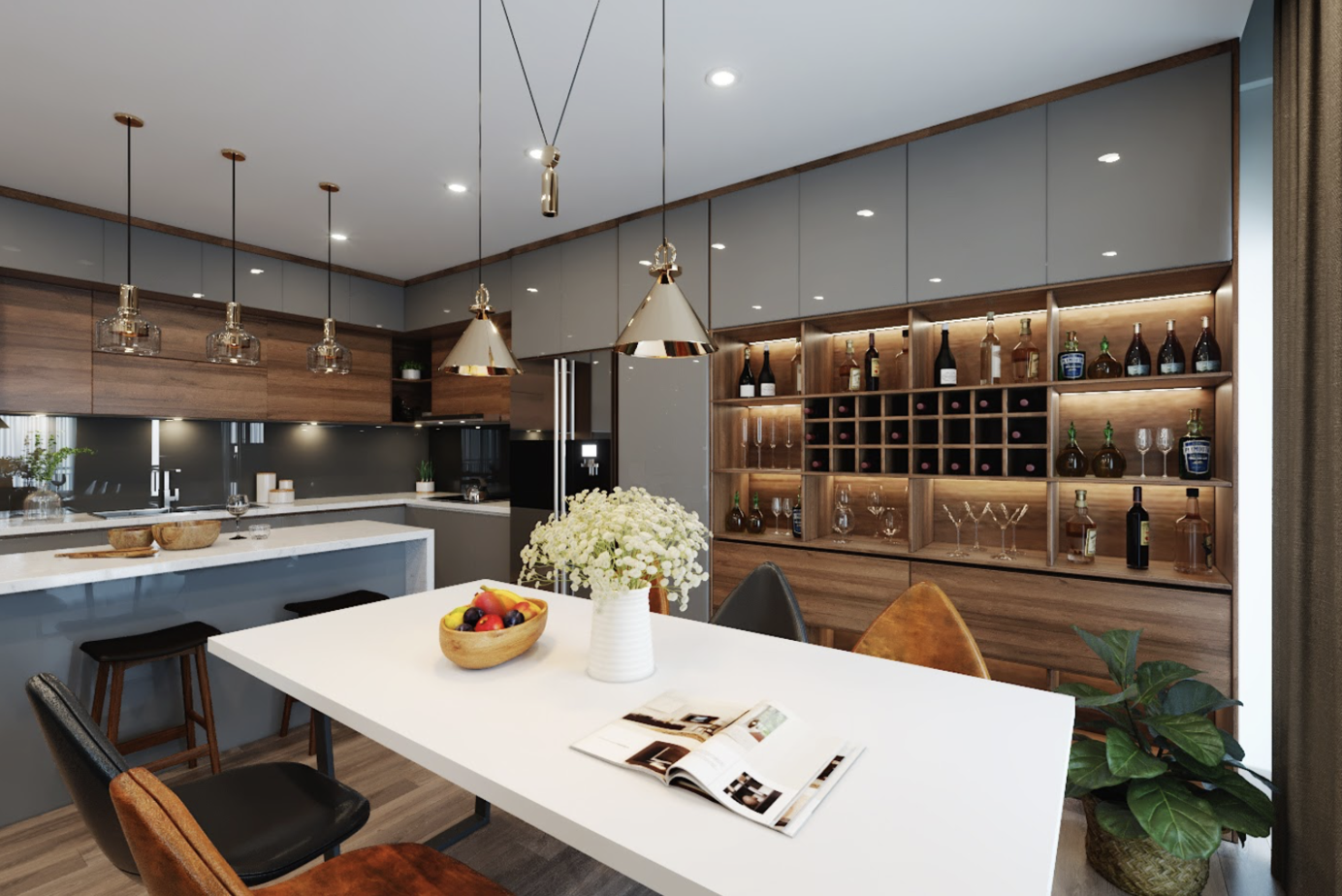 Ý tưởng thiết kế nội thất gỗ hiện đại phòng bếp