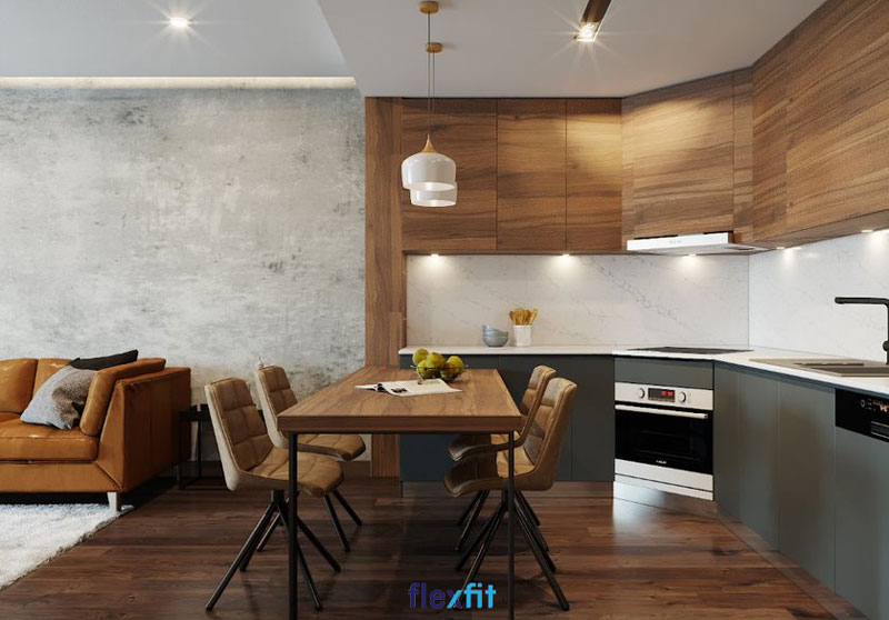 Mẫu tủ âm tường này thiết kế theo hình dạng của góc bếp vô cùng độc đáo. Dù không gian bếp không được vuông vắn nhưng với sự linh hoạt trong thiết kế tủ bếp âm tường vẫn đảm bảo tính thẩm mỹ và chức năng vốn có của tủ bếp.