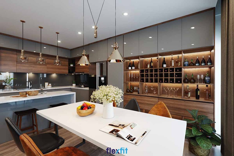 Mẫu tủ bếp âm tường được thiết kế vô cùng độc đáo như một “quầy bar” thu nhỏ mang lại sự hiện đại, tinh tế cho không gian bếp của gia đình bạn.