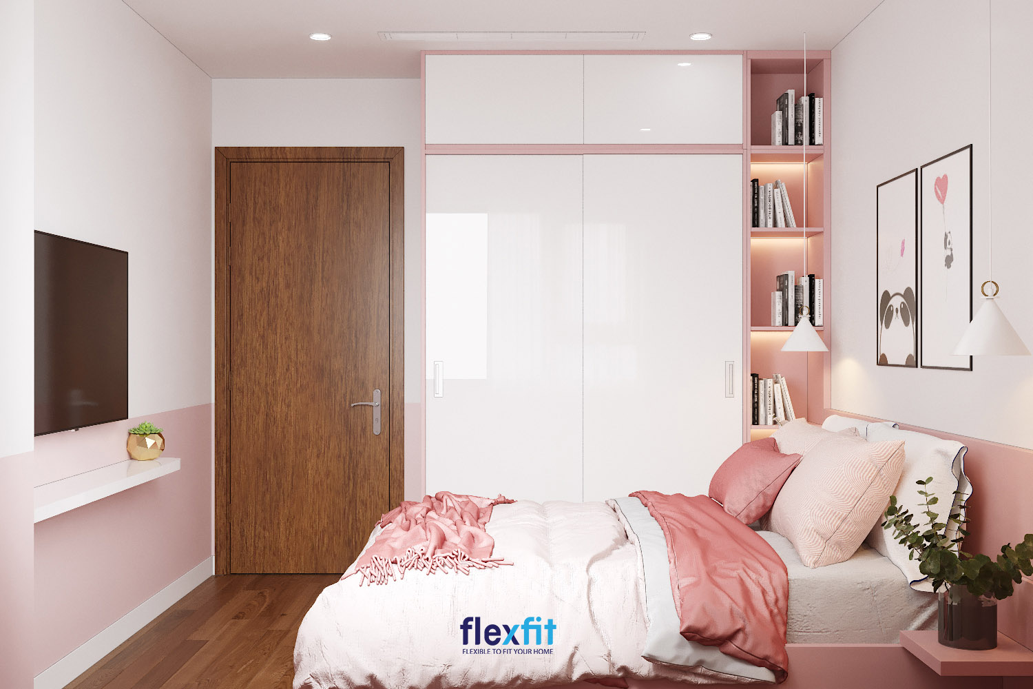 Combo giường tủ gỗ MDF phủ Acylic  màu trắng kết hợp hồng pastel sáng bóng mang lại vẻ đẹp đầy nữ tính