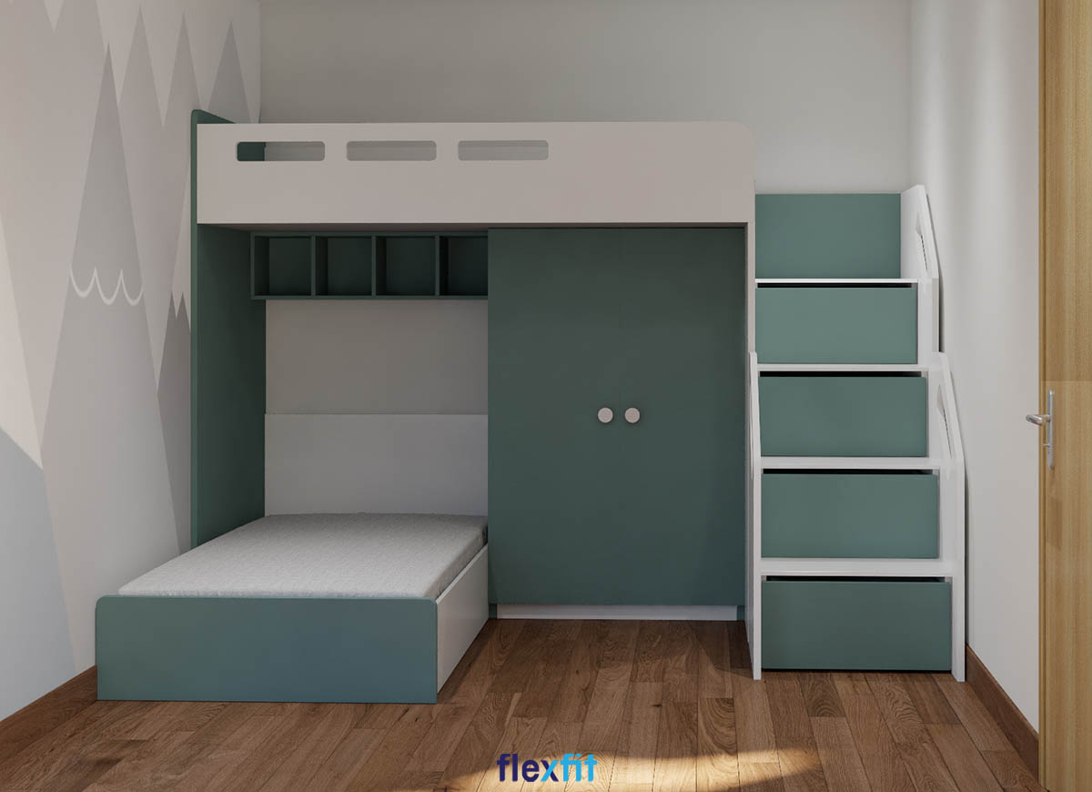 Tủ quần áo 2 cánh màu xanh rêu kết hợp giường tầng