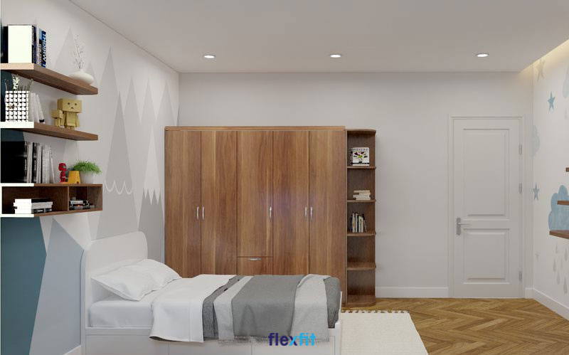 Mẫu tủ quần áo 2m làm từ chất liệu lõi MDF phủ Melamine nhẹ, dễ di chuyển. Tủ có thiết kế 5 cánh, rộng về chiều ngang giúp lưu trữ nhiều đồ hơn, kết hợp thêm kệ trang trí có thể đặt đồ lưu niệm, sách báo, tăng công năng sử dụng.