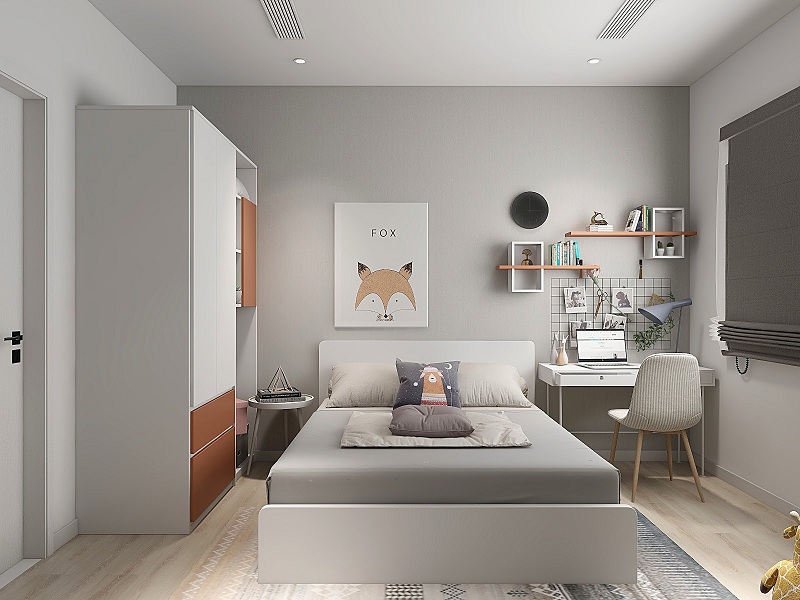 Tủ quần áo kích thước 2m đặt trong phòng ngủ tích hợp các ô tủ không cánh dùng để chứa đồ hoặc bày vật trang trí giúp căn phòng thêm sinh động. Tủ màu trắng xen kẽ hộc màu cam tạo điểm nhấn cho nội thất có màu sắc chủ đạo là xám trung tính.