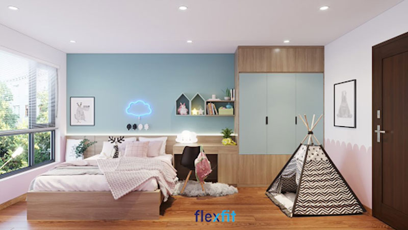 Tủ quần áo 3 buồng hai dải màu vân gỗ và xanh xám ấn tượng tạo cho không gian phòng của bé yêu thêm năng động, trẻ trung. Tủ có khả năng chứa đồ thoải mái cho 2 bé.