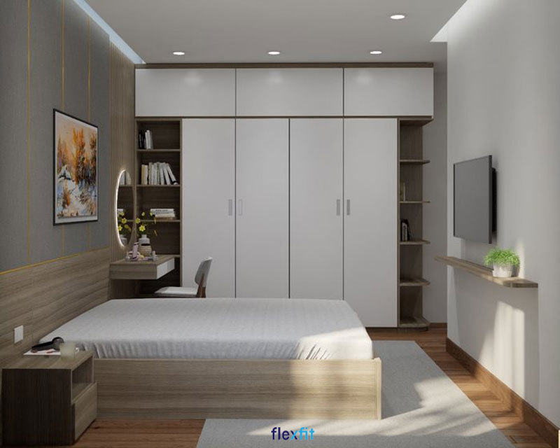 Mẫu tủ quần áo 4 cánh kích thước 3m sở hữu thiết kế ấn tượng kết hợp kịch trần cùng kệ trang trí và giá sách. Tủ được làm từ gỗ MDF phủ Melamine an toàn cho sức khỏe, thân thiện với môi trường.