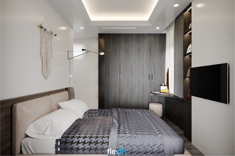 Tủ quần áo 4 buồng tông đen xám quyền lực, hòa quyện với màu ga giường cho không gian đầy cuốn hút. Thiết kế kịch trần giúp bạn có thêm không gian để lưu trữ.