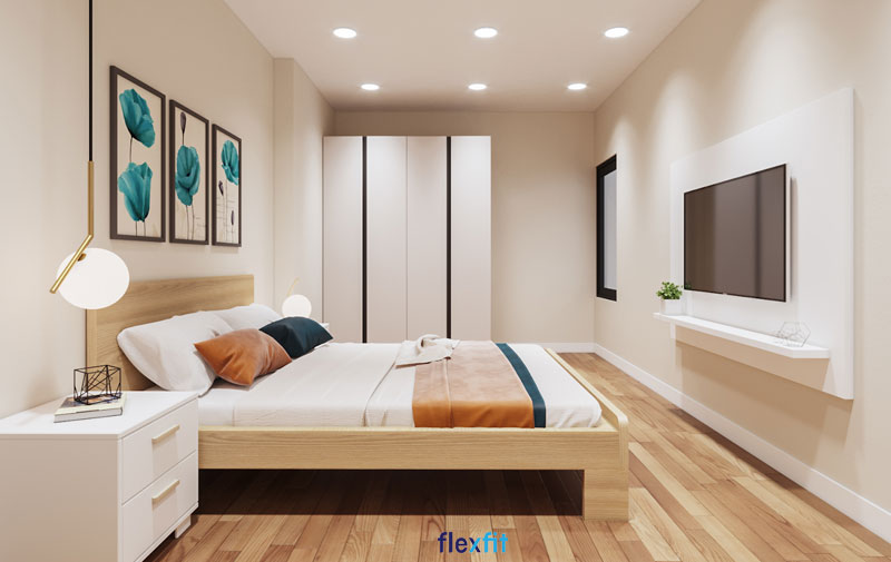 Tủ quần áo 4 buồng màu trắng với đường nẹp tủ màu đen nổi bật. Không gian phòng với sự hiện diện của mẫu tủ hài hòa về màu sắc này vừa tiện nghi, vừa hiện đại.