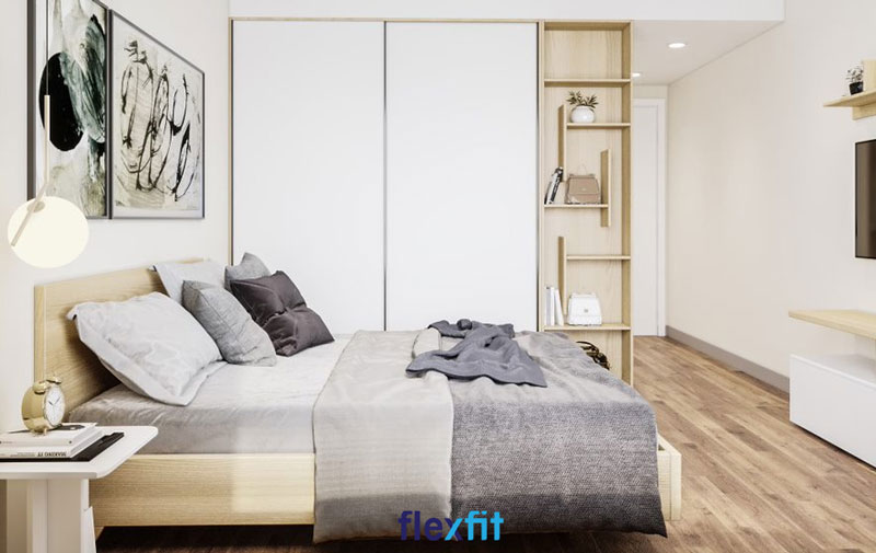Chút biến tấu với tủ quần áo cửa lùa 2 cánh 2m6 màu trắng có thêm kệ trang trí nâu sáng vân gỗ đẹp mắt