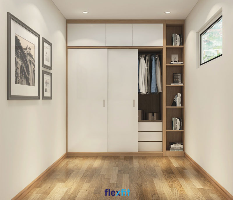 Tủ quần áo 2 cánh lùa 3m lõi MDF phủ Melamine tối ưu không gian lưu trữ với thiết kế ô tủ kịch trần. Thêm nữa, kệ trang trí để đồ nâu gỗ vân sáng phía bên trái rất thuận tiện để các vật dụng như: sách vở, đồ lưu niệm,...