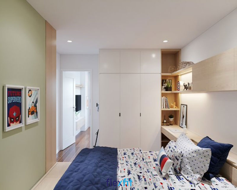 Mẫu tủ quần áo thiết kế 3 buồng màu trắng lõi MDF phủ Laminate tuổi thọ kéo dài hàng chục năm. Tủ kết hợp với kệ chứa đồ vừa tiện lợi vừa mang lại tính thẩm mỹ cao.