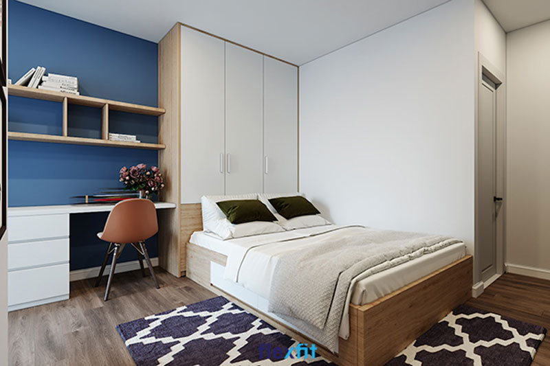 Phòng ngủ có diện tích 25m2 tận dụng tối đa không gian nhờ lắp đặt tủ quần áo liền giường thiết kế đơn giản, tiện dụng. Chất liệu sử dụng lõi MDF có khả năng chống ẩm, phủ Laminate bền đẹp cùng năm tháng.