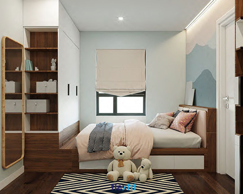 Thêm 1 mẫu tủ liền giường khác dành cho phòng ngủ bé yêu, thiết kế tủ màu trắng tạo cảm giác thoáng mát. Giường màu nâu vân gỗ cùng tông với nền phòng cho không gian ấm cúng, đồng bộ.