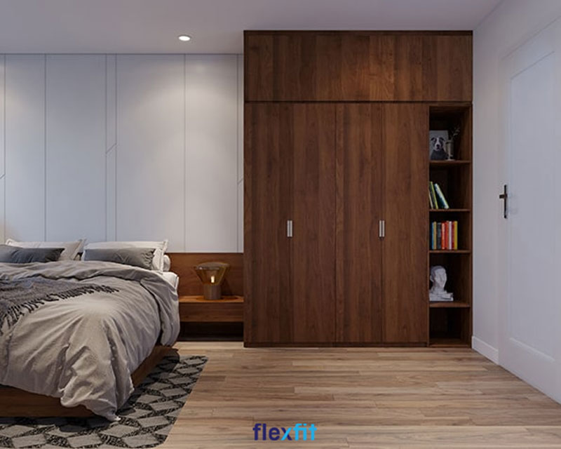 Mẫu tủ quần áo liền giường này phù hợp với phòng ngủ có kích thước rộng rãi tạo cảm giác thoáng đãng, dễ chịu. Chất liệu sử dụng lõi MDF chống thấm tốt, bảo vệ quần áo không bị ẩm mốc.