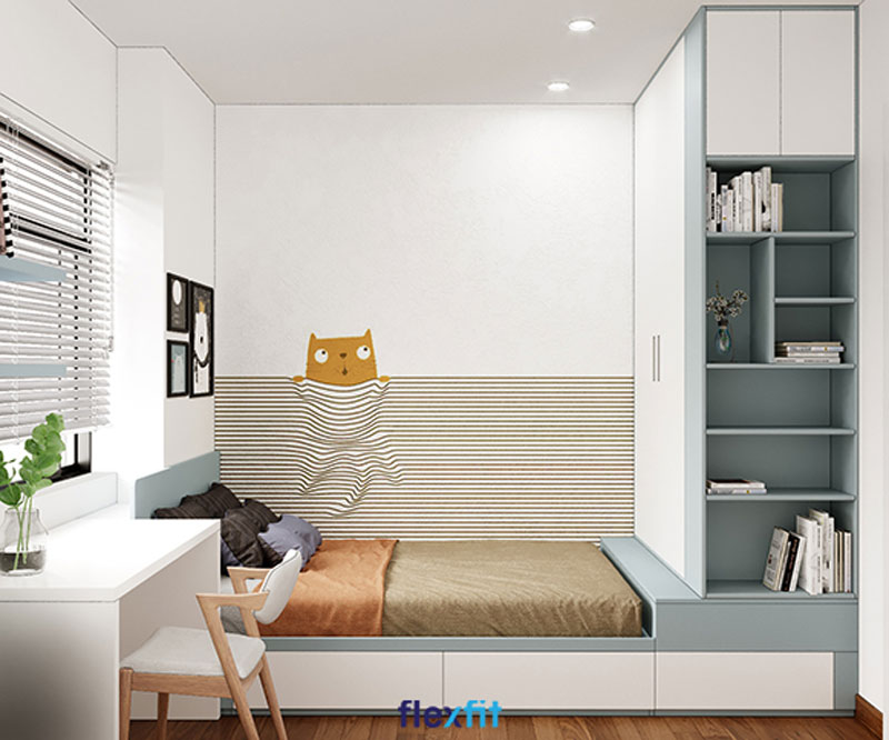 Phòng ngủ cho bé sử dụng hệ nội thất giường - tủ quần áo - bàn học liền mạch, đồng bộ