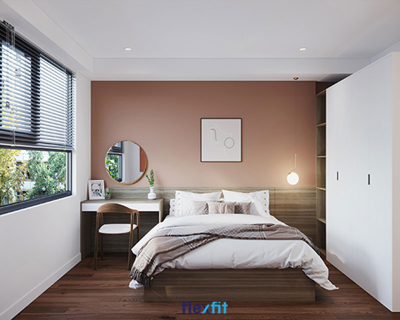 Thiết kế có phần tương tự mẫu tủ liền giường bên trên nhưng kích thước lớn hơn phù hợp với phòng ngủ diện tích 27m2. Tủ liền giường tích hợp kệ nhiều ngăn và bàn nhỏ có thể sử dụng như bàn làm việc hoặc bàn trang điểm.