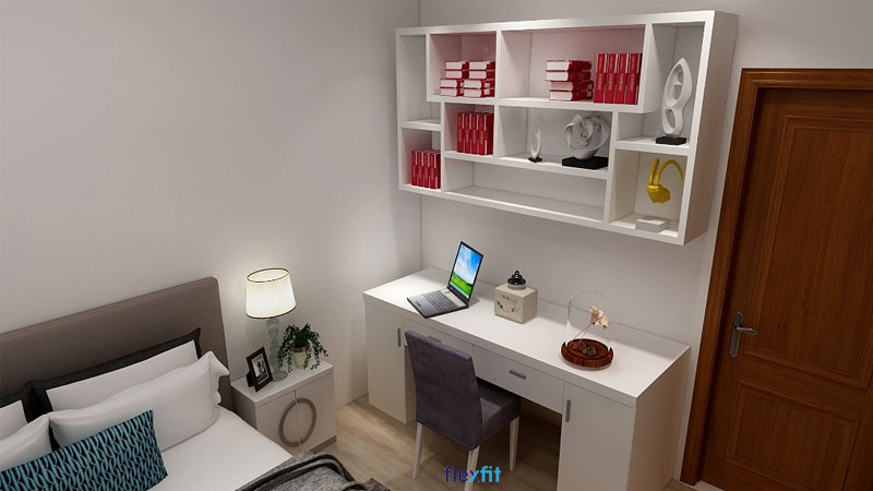 Bàn làm việc được thiết kế 2 ngăn kéo nhỏ cùng 2 ngăn chứa mang lại sự tiện lợi cho người sử dụng. Ngoài ra, bạn có thể kết hợp thêm kệ sách kèm trang trí để tăng khả năng lưu trữ cũng như tính thẩm mỹ cho không gian.