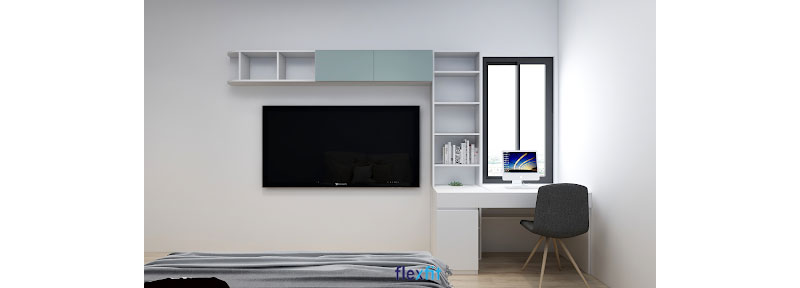 Bàn làm việc máy tính với kích thước nhỏ gọn được kết hợp với tủ kệ trang trí hiện đại, tiết kiệm không gian. Phía chân bàn được bố trí thêm một tủ chứa cùng khoảng rộng giúp bạn dễ dàng để cây máy tính và đặt chân thoải mái.