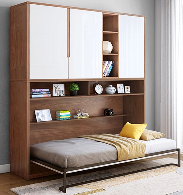 Mẫu giường gấp ngang âm tường tối ưu không gian, đồng thời mang lại sự tiện dụng với ngăn kệ để sách, đồ trang trí. Bạn có thể nằm nghỉ ngơi và dễ dàng lấy sách ra đọc mà không cần di chuyển đi đâu.