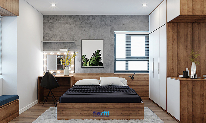 Mẫu giường nâu vân gỗ phối ga giường đen - gối trắng tạo nên sự pha trộn màu sắc hài hòa, cho không gian ấm cúng, hiện đại.