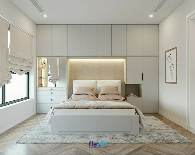 Mẫu giường đôi liền tủ, bàn trang điểm hiện đại, mang lại sự tiện nghi cho không gian phòng ngủ tối đa.