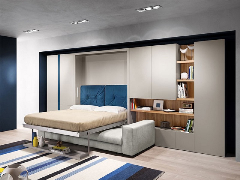 Giường gấp âm tường thông minh tích hợp hệ tủ đựng quần áo, đồ đạc và các ngăn tủ trang trí độc đáo. 