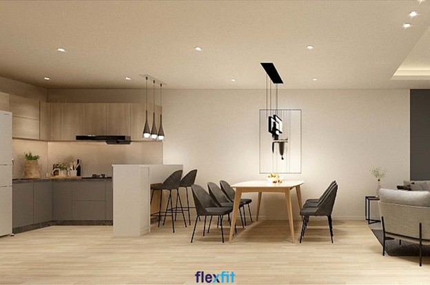 Mẫu tủ bếp chữ L này được làm từ chất liệu lõi MDF chống ẩm phủ Laminate làm tăng tính thẩm mỹ cho không gian phòng bếp. Tủ có màu vân gỗ sang trọng cùng hệ thống đèn chiếu sáng tạo không gian bếp ấm cúng.