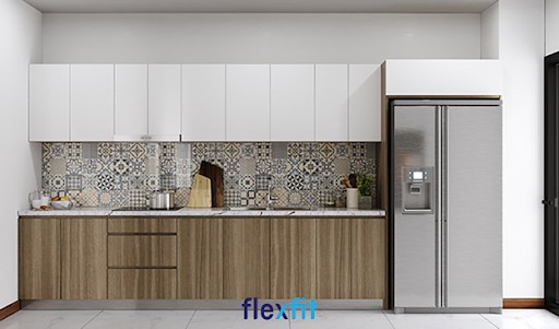 Tủ bếp treo tường chữ I này sở hữu thiết kế đơn giản, sử dụng chất liệu gỗ MDF phủ Melamine an toàn với người dùng, có tính thẩm mỹ cao. Tông màu trắng hòa quyện hoàn hảo với hoa văn Mexico ốp giữa tủ bếp trên và dưới tạo vẻ đẹp cổ điển, độc đáo.