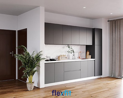 Nếu muốn căn bếp trở nên sang trọng, hiện đại thì tủ bếp treo tường chữ I màu ghi làm từ gỗ MDF phủ Laminate này là lựa chọn tuyệt vời. Bạn cũng dễ dàng vệ sinh tủ bếp giúp gian bếp luôn sạch sẽ, tạo cho bạn cảm hứng vào bếp nấu những bữa ăn ngon mỗi ngày.