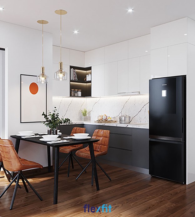 Thêm một mẫu tủ bếp treo tường chữ L được làm từ vật liệu phủ Acrylic tạo vẻ hiện đại, sang trọng cho căn bếp.Tủ có thiết kế kịch trần với nhiều buồng tủ đan xen ô tủ không cánh ấn tượng, giúp bạn lưu trữ các đồ dùng, vật dụng nhà bếp khác nhau theo phân loại.