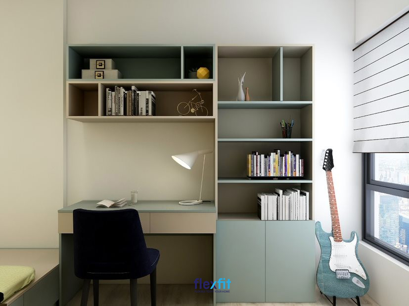 Bàn làm việc tối giản với màu xanh - trắng matte tạo nên một không gian làm việc thoải mái, trẻ trung. Bàn kết hợp cùng với tủ sách tạo thành bộ bàn tủ gọn gàng mà đa dụng.