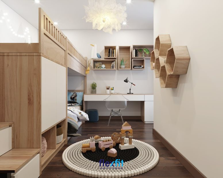 Nổi bật với sắc trắng trang nhã kết hợp cùng mặt bàn và các kệ trang trí màu vân gỗ sáng, mẫu bàn làm việc này tạo thành một hệ thống đồng bộ. Trên các ô tủ trang trí, bạn có thể bài trí sách, chậu cây cảnh mini mang đến không gian xanh, dễ chịu tạo cảm hứng làm việc, học tập.