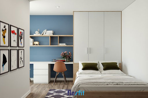 Thiết kế giường hiện đại liền tủ quần áo cùng hệ bàn - kệ sách liền mạch giúp tối ưu diện tích phòng, mang lại sự tiện nghi. 