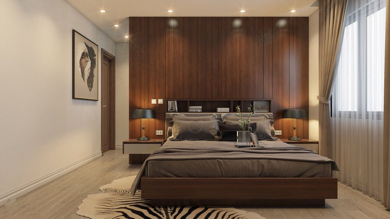 Phòng ngủ master với điểm nhấn đầu giường được trang trí bằng gỗ công nghiệp